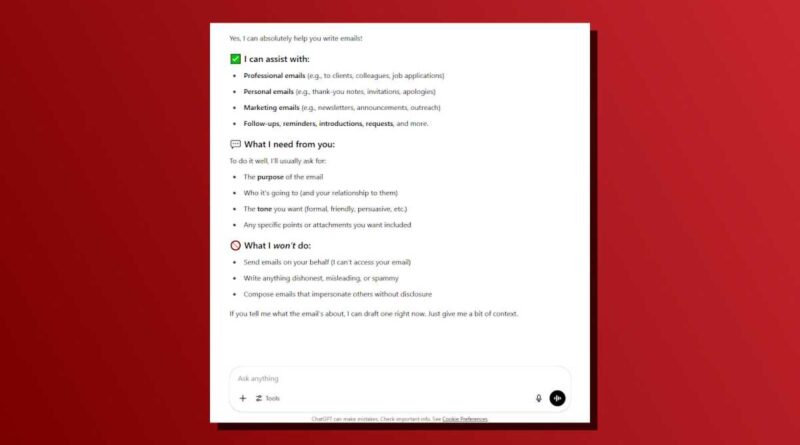 ChatGPT task write emails for you screenshot