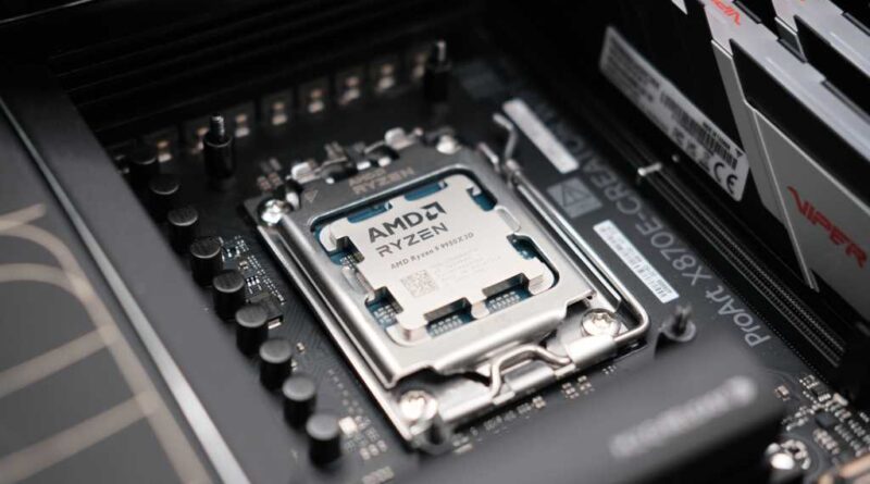 AMD Ryzen 9 9950X3D installed in a motherboard - farther view