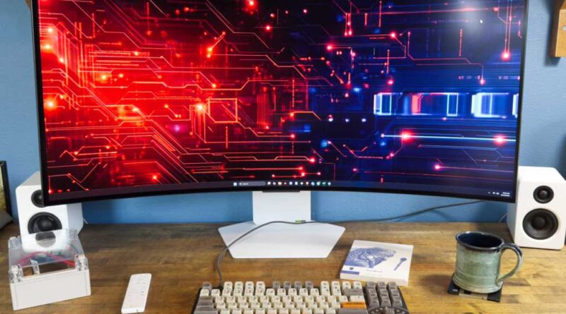 lg ultragear 39gx90sa monitor on desk at straight-on orientation