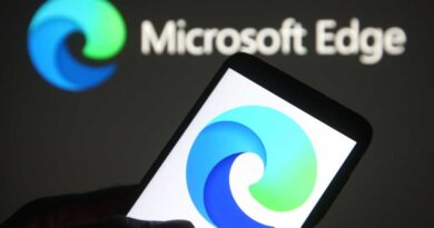 An illustration of Microsoft Edge logo is seen on a mobile phone in a hand.