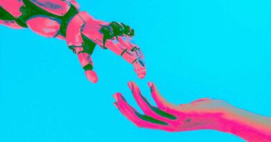 Artificial intelligence AI robot hand reaching for human hand