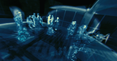 The Dark Knight sonar scene. Human-shaped figures visible in a room with blue electronic waves everywhere