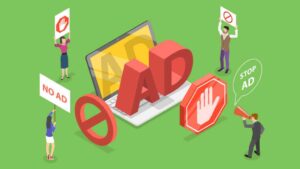 Adblock illustration with ad on laptop and ad blocker protests