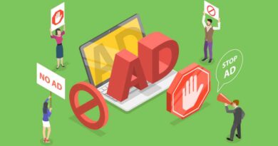 Adblock illustration with ad on laptop and ad blocker protests