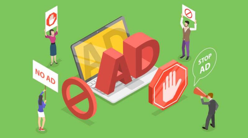 Adblock illustration with ad on laptop and ad blocker protests