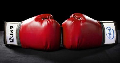 Boxing gloves with AMD and Intel logo on them
