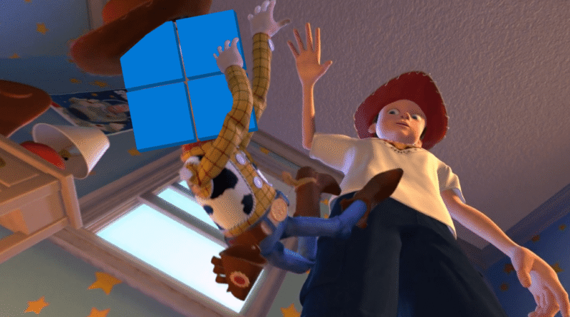 Toy Story: "I don't want to play with you anymore" meme Windows logo. Andy drops Woody the toy cowboy, with the Windows logo superimposed over Woody's face
