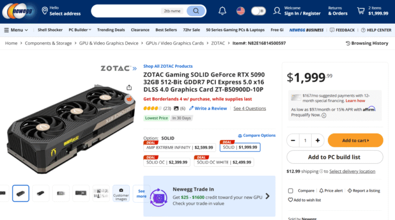 Newegg Zotac RTX 5090 listing