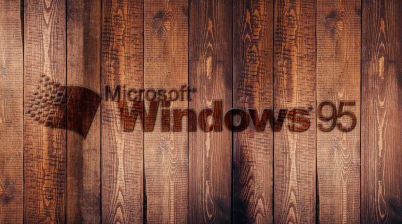 Windows 95 logo etched onto wooden boards background