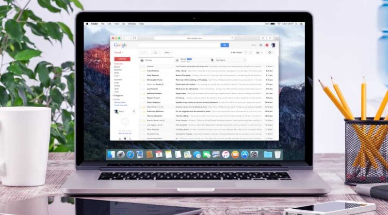 Gmail in a web browser on the screen of a Macbook Pro laptop hero