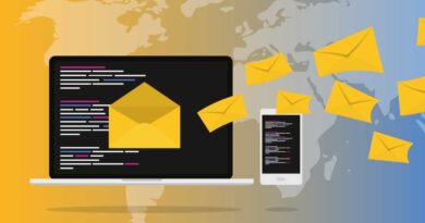 Laptop and phone being bombarded with emails illustration