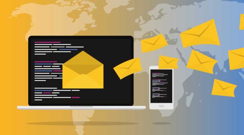 Laptop and phone being bombarded with emails illustration