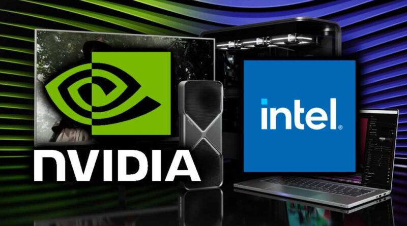 Nvidia and Intel logos over green and blue computer, GPU backdrop