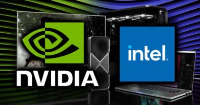 Nvidia and Intel logos over green and blue computer, GPU backdrop