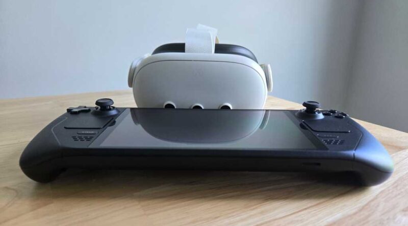 Meta Quest 3 VR headset and Steam Deck on table
