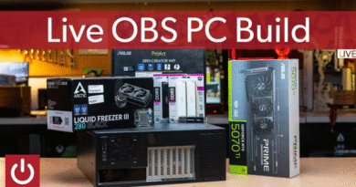 "Live OBS PC build," PC parts on a studio table