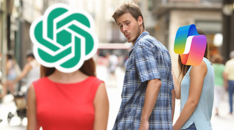 "Distracted boyfriend" meme image: ChatGPT logo in the foreground, Copilot logo over girlfriend