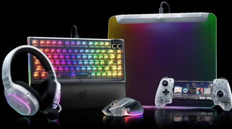 Razer phantom white keyboard, mouse, controller, headset, and mousepad