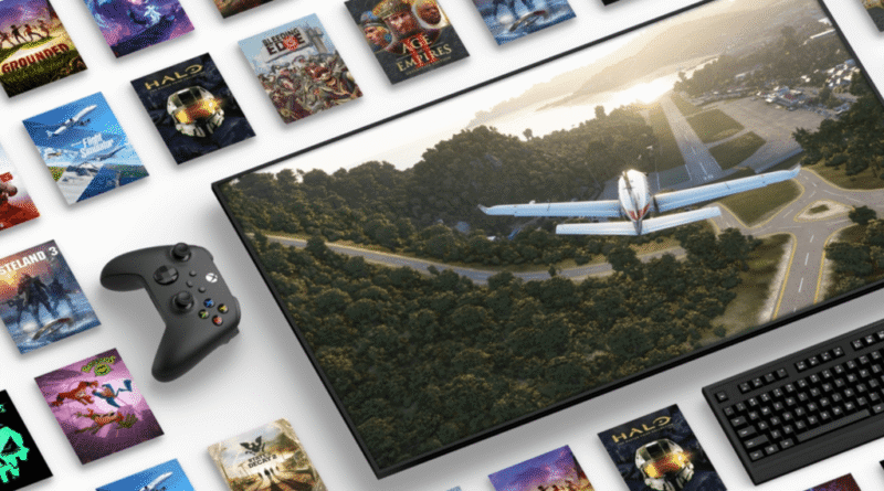 Xbox Game Pass promo image, with monitor, keyboard, and controller