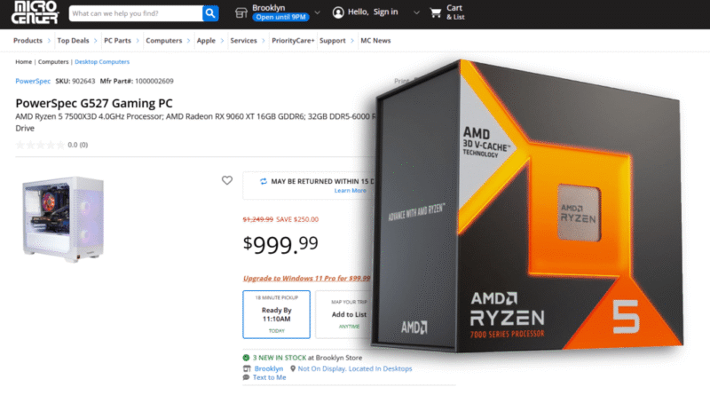 MicroCenter store screenshot, Ryzen 5 7500X3D CPU