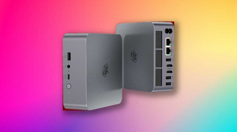 Beelink EQR6 mini PC promo on background