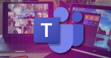 Microsoft Teams logo in front of laptop with video conference