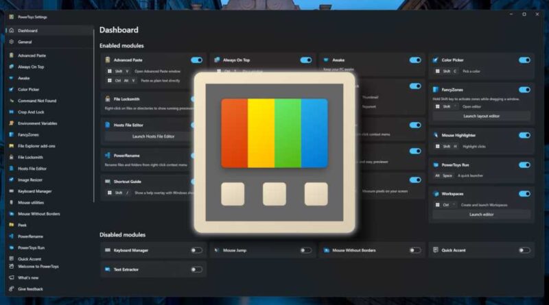 Microsoft PowerToys dashboard with PowerToys logo hero