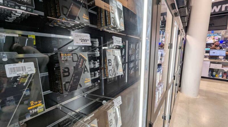 SSDs in a case at Micro Center in Santa Clara, CA (May 2025)