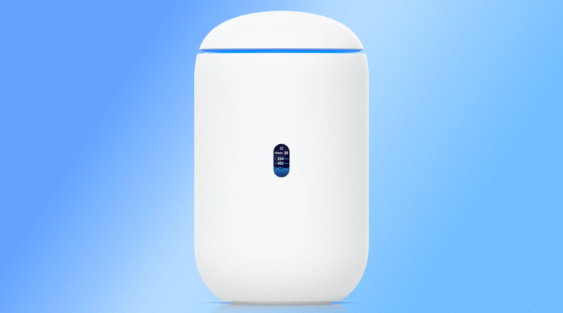 Ubiquiti Dream Machine 7 on a light blue background