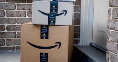 Amazon box packages delivered at front door of house