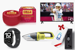 A photo mosaic of gifts for GenX dudes - a TV, shaving soap, Apple Watch, hand vacuum, and phone lock
