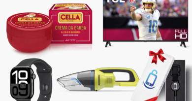 A photo mosaic of gifts for GenX dudes - a TV, shaving soap, Apple Watch, hand vacuum, and phone lock
