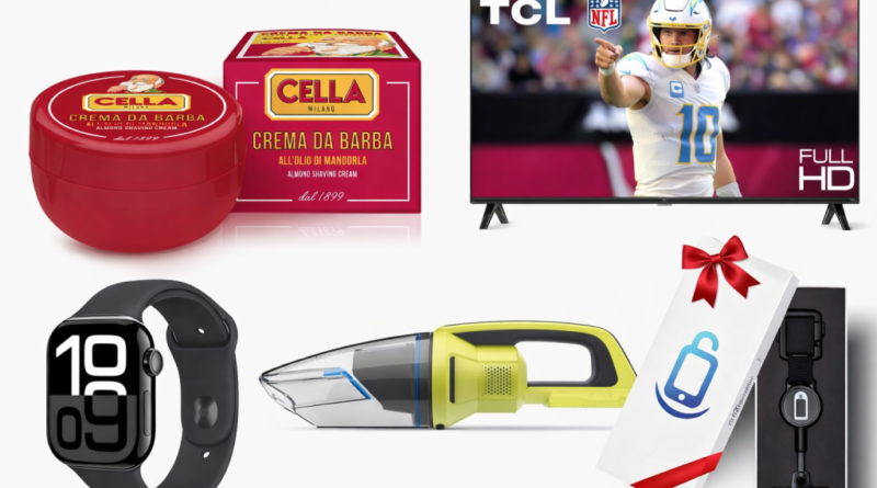 A photo mosaic of gifts for GenX dudes - a TV, shaving soap, Apple Watch, hand vacuum, and phone lock