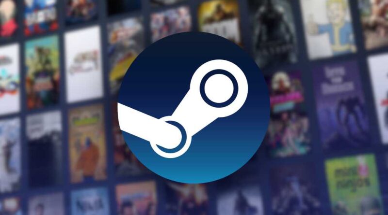 Steam logo over a blurred background of Steam game library