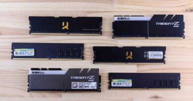 A variety of RAM DIMMS on a wood table top