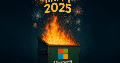 A dumpster fire with Microsoft logo expand