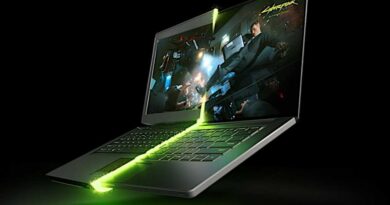 Nvidia RTX 50 Series gaming laptop with Cyberpunk on screen promo
