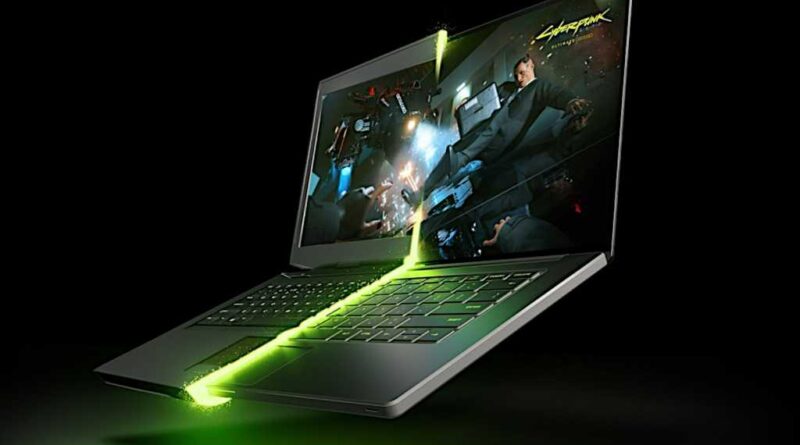 Nvidia RTX 50 Series gaming laptop with Cyberpunk on screen promo