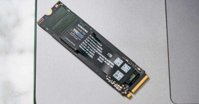 Samsung 990 EVO SSD sitting on a laptop