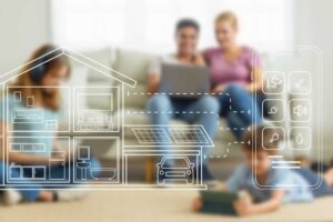 Family gathered inside a smart home