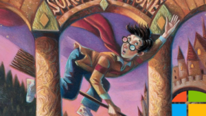 Harry Potter book cover with Microsoft logo