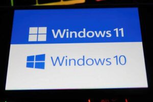 Windows 11 logo juxtaposed with Windows 10 logo