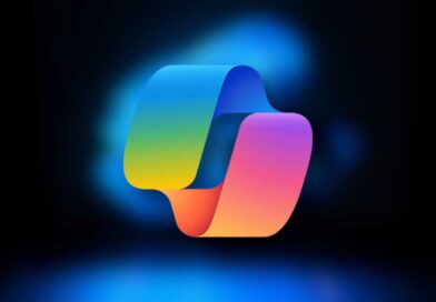 Microsoft Copilot logo on blurred Windows 11 laptop background