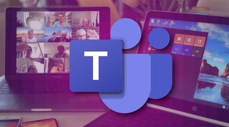 Microsoft Teams logo in front of laptop with video conference