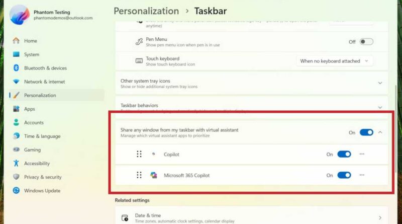 Windows 11 share taskbar windows with AI virtual assistants