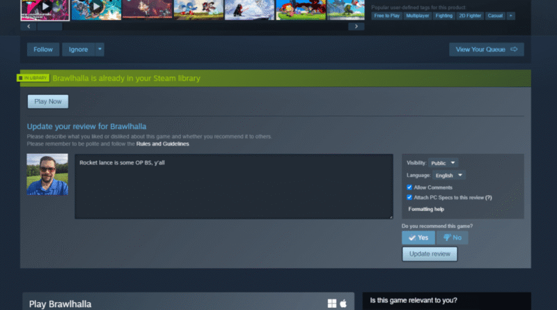 Steam review field with PC specs option