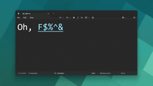 Windows 11 Notepad with "Oh, F$%^&" written in the window, including a hyperlink