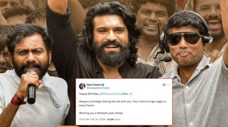 Ram Charan surprises Rathnavelu on B-Day on Peddi sets
