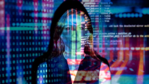 woman with code projected over face: AI, hacker