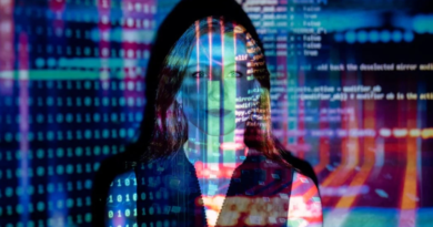 woman with code projected over face: AI, hacker